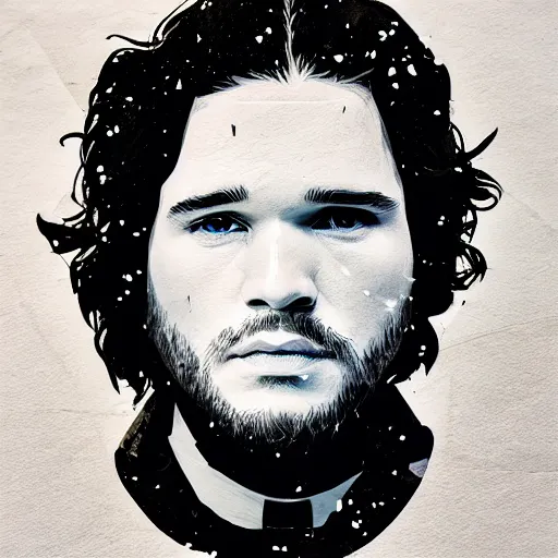 Prompt: a portrait of of jon snow constructed from snow, collage, drop shadow, organic, layered composition, layers, texture, mcu, petals, highly textured, layered, sculpted, dynamic,