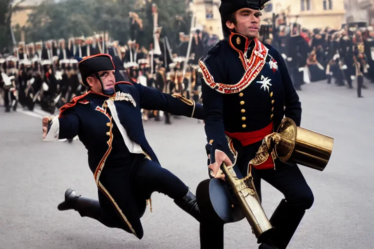 Image similar to closeup portrait of emmanuel macron dressed as napoleon dragging a cannon in the street, natural light, sharp, detailed face, magazine, press, photo, steve mccurry, david lazar, canon, nikon, focus