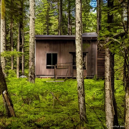 Prompt: an Eerie cabin in the middle of the woods in the style of 19th century Hudsons bay river school of art