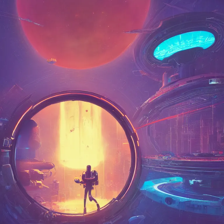 Image similar to a circle portal structure floating in outer - space, cyberpunk, epic surrealism, indigo, bright red, purple, cyan, lime green, detailed digital matte painting in the style of simon stalenhag and painting by ralph mcquarrie