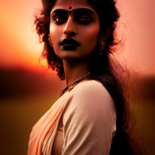 Image similar to photographic portrait of a stunningly beautiful gothic south indian female in soft dreamy light at sunset, contemporary fashion shoot, by edward robert hughes, annie leibovitz and steve mccurry, david lazar, jimmy nelsson, breathtaking, 8 k resolution, extremely detailed, beautiful, establishing shot, artistic, hyperrealistic, beautiful face, octane render