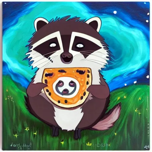 Prompt: a jeremiah ketner and studio ghibli acrylic impasto! painting! of a crying, sad and adorable and cute raccoon eating pizza