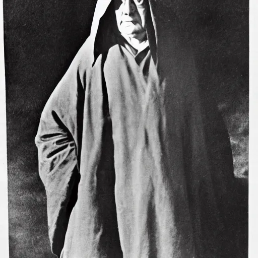 Image similar to aleister crowley wearing a dark hooded cloak