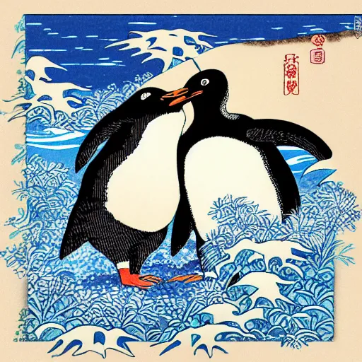 Image similar to penguin meme hokusai style with text royal road pwns j 0 0