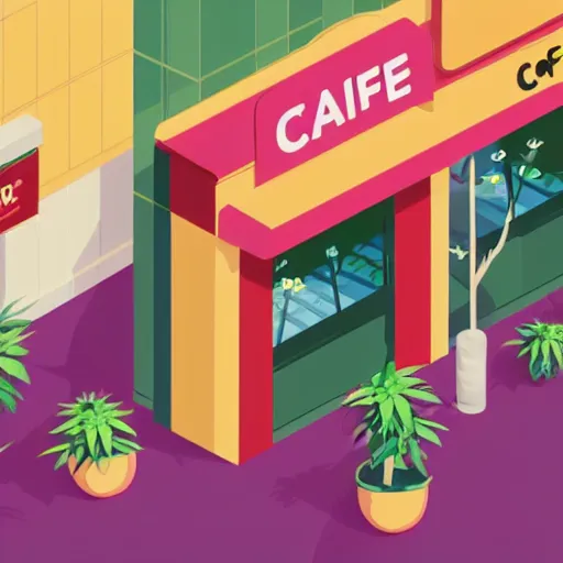 Image similar to isometric cute cartoon illustration style cafe australian, decorated with small pot plants 🪴 cannabis leaves, utopia frontage, pop art poster, beautiful colors pastel palette by will barnet pixar render