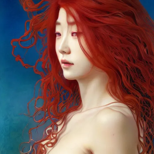 Prompt: Masterpiece head and shoulders portrait of Asuka Soryu with red long wavy hair drawn by Donato Giancola and Tom Bagshaw and Julie Bell, face by Artgerm, overall design by Alphonse Mucha, background by James Jean and Gustav Klimt, 4k, porcelain skin, komorebi, french nouveau, trending on artstation, octane render, hyperrealistic