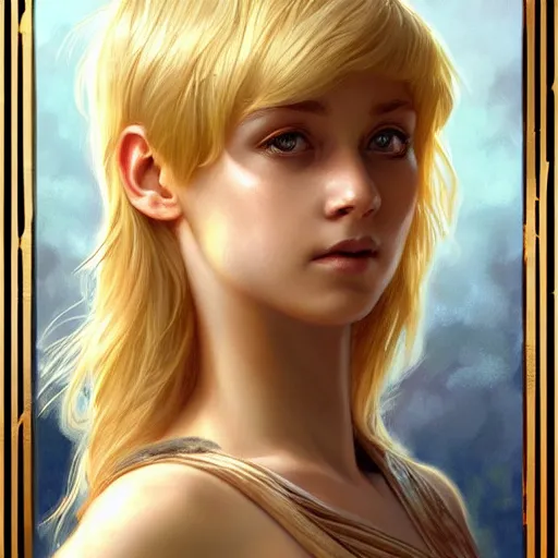 Prompt: an epic fantasy comic book style portrait painting of a young blonde girl with pixie haircut wearing plain tank top, confident, fantasy, intricate, elegant, highly detailed, digital painting, artstation, concept art, matte, sharp focus, illustration, art by artgerm and greg rutkowski and alphonse mucha