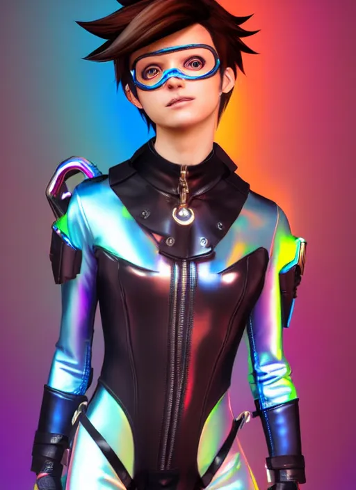 Image similar to portrait bust digital artwork of tracer overwatch, wearing iridescent rainbow latex and leather straps catsuit outfit, 4 k, expressive happy face, makeup, in style of mark arian, angel wings, wearing detailed leather collar, chains, black leather harness, detailed face and eyes,
