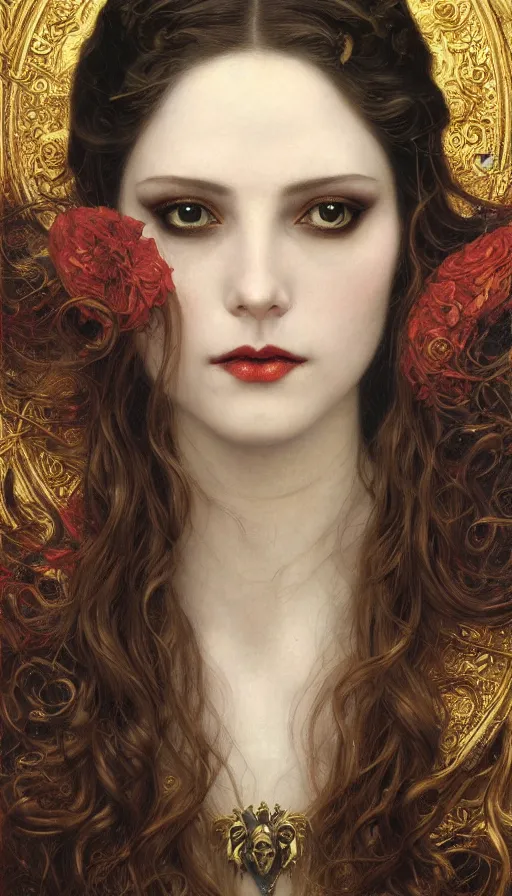 Image similar to Masterpiece painting of beautiful vampire princess close-up portrait by Donato Giancola and Tom Bagshaw, face by Artgerm and Edmund Leighton, golden ratio, trending on cgsociety, intricate, majestic, dark epic fantasy, trending on artstation, by H.R. Giger, background by James Jean and Gustav Klimt, 8k, volumetric Lighting, Hokusai, trending on pixiv