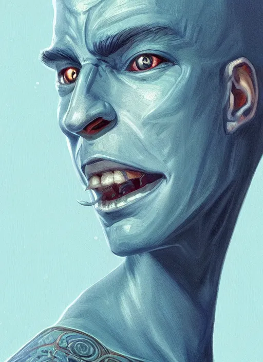 Image similar to head-on symmetrical centered painted portrait, a smiling bald and clean shaven androgynous man with completely blue skin in his twenties as a D&D wizard, fantasy, intricate, elegant, highly detailed, digital painting, smooth, sharp focus, illustration, artstation, in the style of Artgerm and Anna Podedworna and Charlie Bowater and Michael Garmash