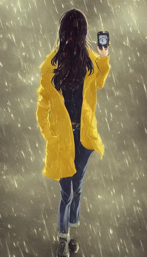 Image similar to girl in a yellow coat standing in the rain holding a small pocket watch, thick outlines, pale colors, digital art, hard edges, detailed, dynamic pose, character design, fisheye perspective, above angle, artwork by makoto shinkai, very coherent asymmetrical artwork, matte painting, sharp edges, perfect face, simple form