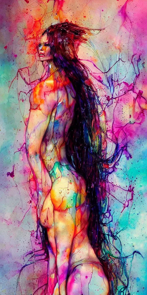 Image similar to adriana lima by agnes cecile enki bilal moebius, intricated details, sitting on a stool, full body portrait, extremely luminous bright design, pastel colours, drips, autumn lights