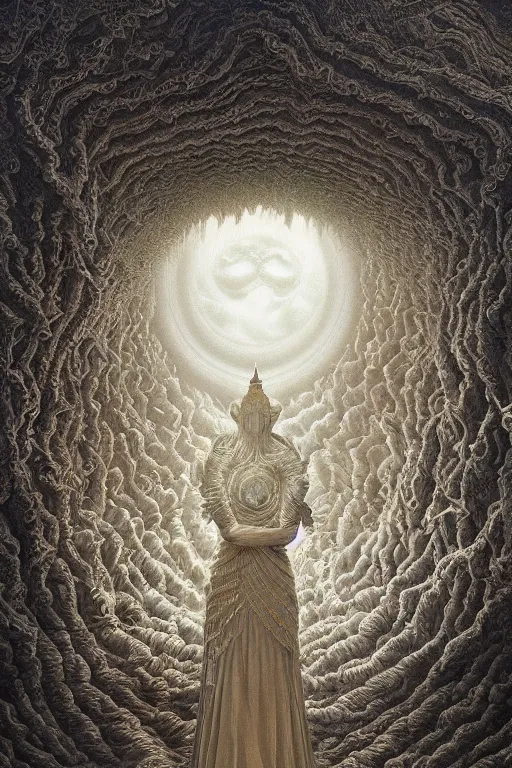 Image similar to Intricate stunning highly detailed deity by agostino arrivabene and Vladimir Kush, surreal, digital painting, ultra realistic, Horror vacui, dramatic lighting, full moon, thick black swirling smoke tornado, burning fire embers, artstation