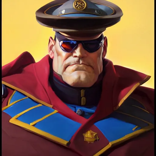 Prompt: Greg Manchess portrait painting of M. Bison as Overwatch character, medium shot, asymmetrical, profile picture, Organic Painting, sunny day, Matte Painting, bold shapes, hard edges, street art, trending on artstation, by Huang Guangjian and Gil Elvgren and Sachin Teng