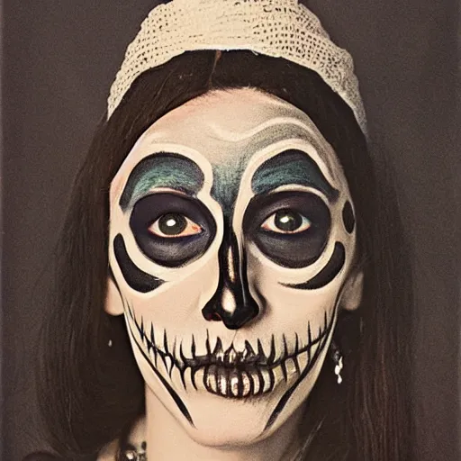 Image similar to a woman with a skeleton face painted on her face, a character portrait by edna mann, behance, pop surrealism, freakshow, 1 9 7 0 s, surrealist