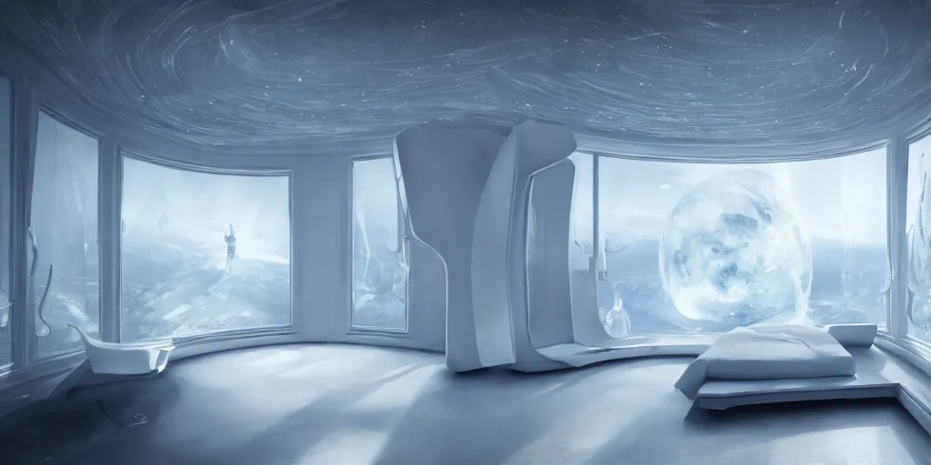 Prompt: infinitely detailed hd photo of a white futuristic bedroom, with a huge glass window overlooking an alien planet by jung yeon min, design, concept art