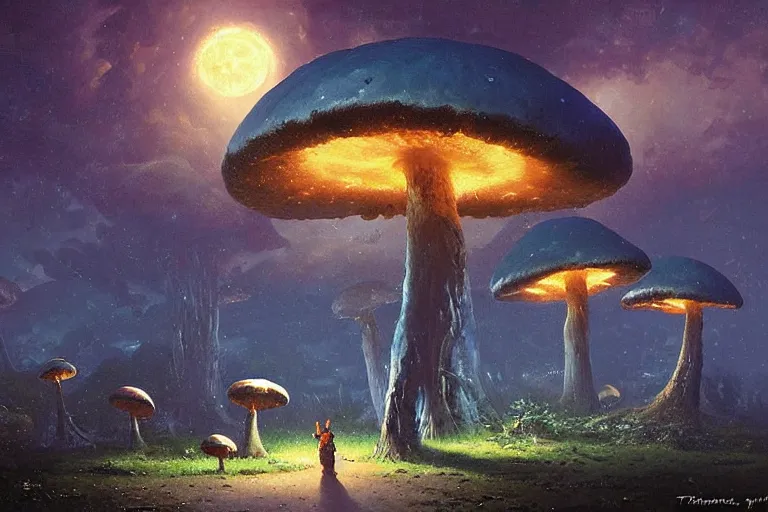 Prompt: moon night; Landscape of giant mushrooms mushrooms, glowing blue By Greg Rutkowski, Thomas Kinkade