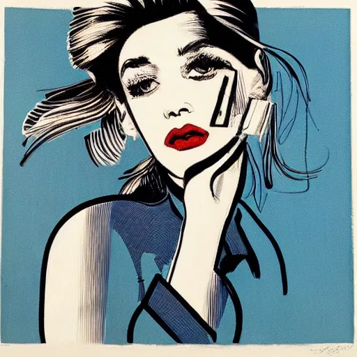 Image similar to beautiful female portrait in ink by james jean, by andy warhol, by roy lichtenstein, by egon schiele