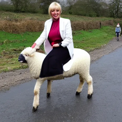 Prompt: nadine dorries riding a sheep