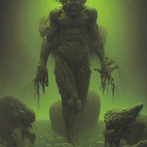 Image similar to Portrait of Angry Green Man surrounded by blocks of Swiss cheese, dark fantasy, artstation, painted by Zdzisław Beksiński and Wayne Barlowe