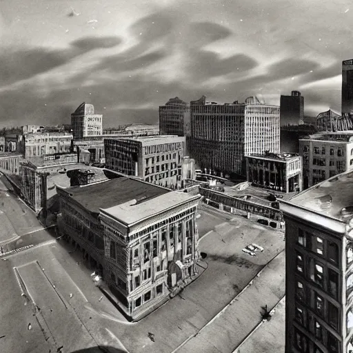 Image similar to full color ultra realistic photo of a balcony view of 1 9 2 5 boston downtown with a broken and distorted sky, dark, brooding, night, atmospheric, ultra - realistic, smooth, highly detailed