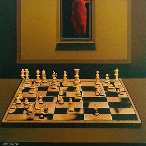 Image similar to oil painting depicting people playing chess, painting by zdzislaw beksinski