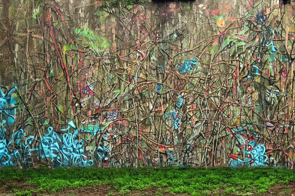 Prompt: graffiti of a forest on a wall, by birdo, alex maksiov and john pugh, anamorphic, surreal