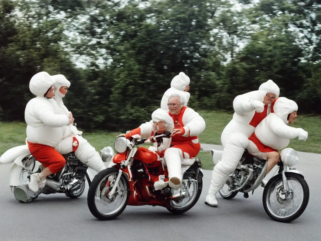 Image similar to a martin parr photo of a grandpa couple, wearing michelin man white body costumes, going super fast on a motorbike, 1 9 7 0 s kodachrome colour photo, flash on camera,