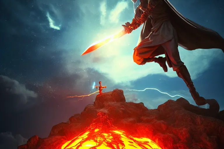 Image similar to levitating wizard wielding a sword, opening a shining portal, night sky, horizon of an erupting volcano, 4 k, ultra realistic, detailed, epic lighting, high detail, masterpiece, trending on artstation