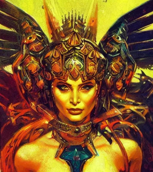 Image similar to portrait of strong iranian female chaos angel, beautiful! coherent! by frank frazetta, by brom, strong line, vivid neon color, spiked scrap metal armor, iron helm maximalist