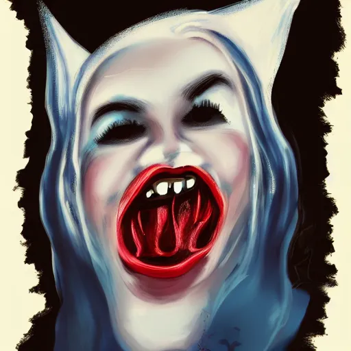 Image similar to wipsy clouds shaped like a vampire womans face with an ear-to-ear mouth, pointy teeth, nightime, blue pallete, an old suburban house, 4k