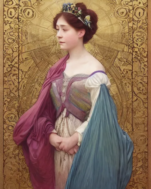 Prompt: a portrait painting of a shy, blushing princess resembling 1 4 - year old saoirse ronan in a tiara and an iridescent art nouveau gown watching the lantern festival, intricate, elegant, highly detailed, artstation, concept art, by krenz cushart and artem demura and william adolph bouguereau and alphonse mucha