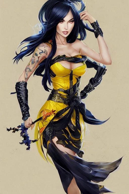 Image similar to Megan Fox using a yellow summer dress in a blade and soul spinoff artbook rendered by the artist Taran Fiddler, Joe Madureira, Nadezhda Tikhomirova, Jiyun Chae, Lê Long, trending on Artstation by Hyung Tae Kim, artbook, Stanley Artgerm Lau, WLOP, Rossdraws , James Gurney