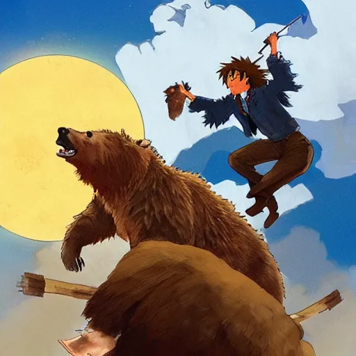 Prompt: semi realistic illustration of chuck norris riding a giant grizzly bear in the style of howl's moving castle by miyazaki