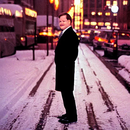 Image similar to 1 9 9 8 andy richter wearing a black wool coat and necktie standing on the streets of chicago at night in winter, holding shopping bags, dynamic lighting, holiday season.