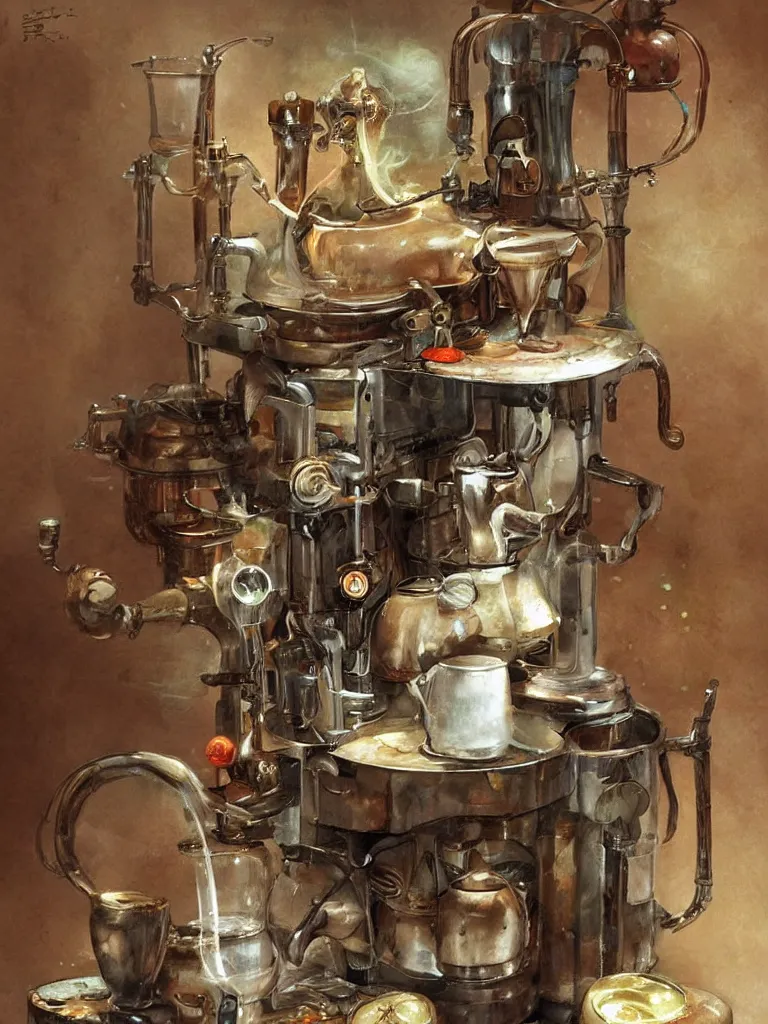 Image similar to ancient coffee machine, by Simon Stalenhaag, by Yoshita Amano, by Esao Andrews, sharp focus, fresh colors, conceptart