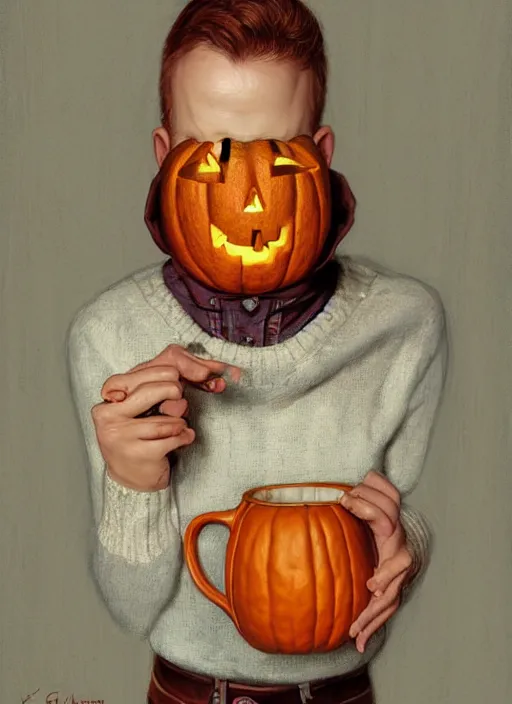 Prompt: a pumpkin wearing a sweater and holding a human head mug, highly detailed, centered, solid color background, digital painting, artstation, concept art, smooth, sharp focus, illustration, donato giancola Joseph Christian Leyendecker, Les Edwards, Ed Repka, Basil Gogos, WLOP, Artgerm