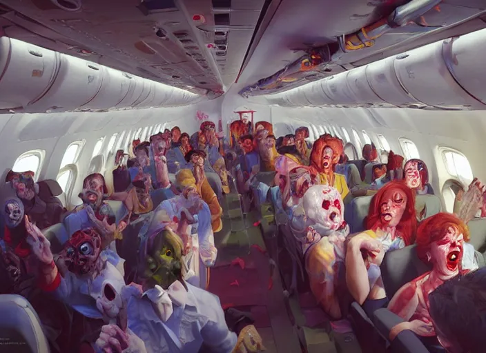 Image similar to boeing 737 cabin, a lot of zombies, birthday party, realistic, wide angle, Unreal 5 engine, trending on artstation, by Huang Guangjian and Gil Elvgren and Sachin Teng