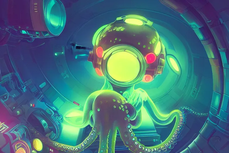 Image similar to adorable neon coloured baby octopus in a space station, elegant, intricate, retrofuturistic digital painting, artstation, concept art, smooth, sharp focus, illustration, art by artgerm and greg rutkowski and alphonse mucha