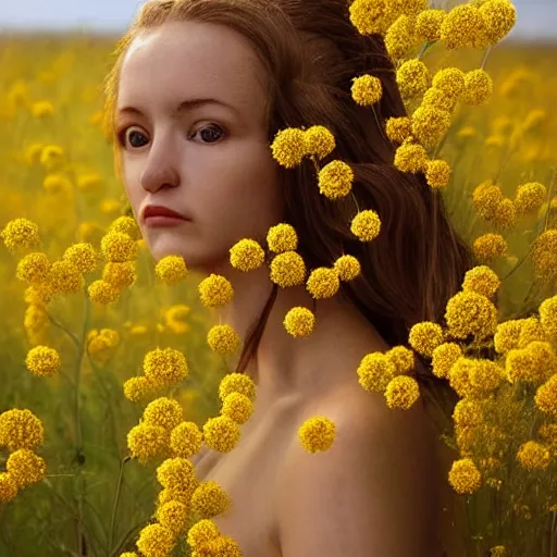 Prompt: hyper realistic photo human body made of golden wild flowers