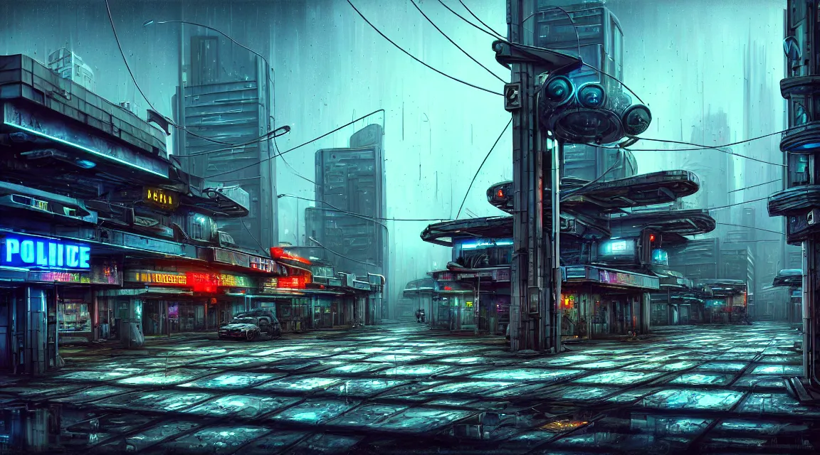 Prompt: post apocalyptic cyberpunk police station, building, avenue, urban architecture, americana architecture, concrete architecture, cloudy sky, paved roads, by guido borelli, by boris vallejo trending on artstation, photorealistic, wild vegetation, utopian, futuristic, blade runner, vivid colors scheme, neon signs, sharp, clear, focus