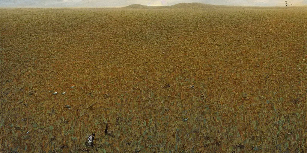 Prompt: Artwork by John Howe of the cinematic view of an insect-covered field of crops