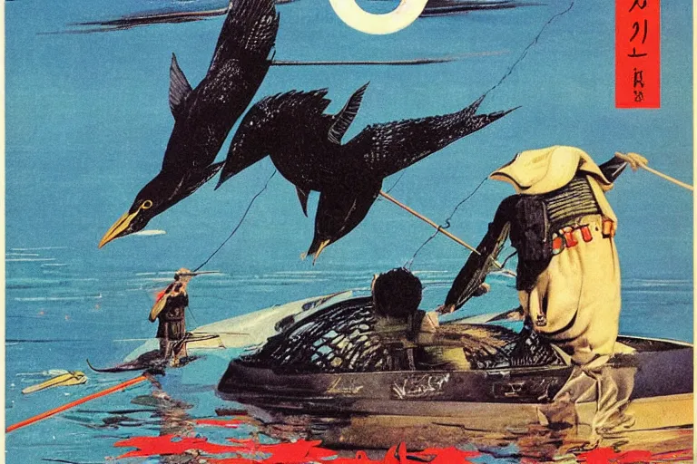 Prompt: 1 9 7 9 omni magazine cover of japanese cormorant fishing near tokyo. art in cyberpunk style by dali, and vincent di fate