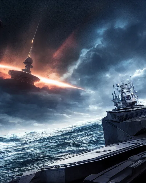 Image similar to scifi action scene of a fishing boat on stormy seas, a terrifying gigantic star destroyer spaceship flying overhead, the gigantic star destroyer spaceship is emerging from storm clouds, sunset lighting, stormy weather, dramatic lighting, unreal engine, hyper realism, realistic shading, cinematic composition, realistic render, octane render, detailed textures, photorealistic, ultrawide shot, 1 6 mm lens