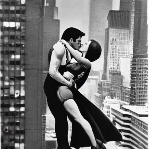 Image similar to a polaroid photo of superman kissing lois lane while flying over metropolis in 1978