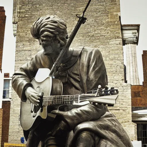 Image similar to bob dylan playing his guitar whilst sitting next to a statue of king alfred the great in wantage united kingdom, photograph