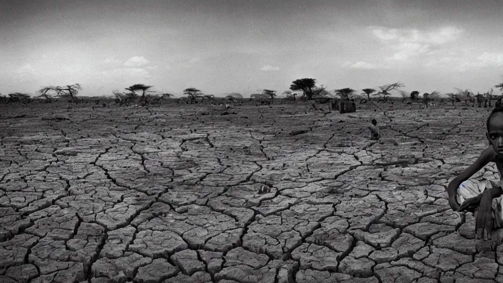Image similar to 1 9 8 4 famine and drought in ethiopia, cover of new york times, wide - angle, dark, moody, 8 k