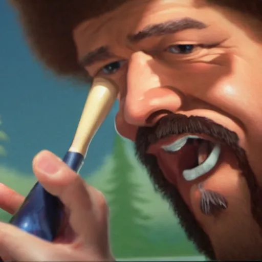 Image similar to a closeup photorealistic photograph of bob ross working on an image of kenny powers autographing a baseball on a canvas. mountains and trees. film still. brightly lit scene. this 4 k hd image is trending on artstation, featured on behance, well - rendered, extra crisp, features intricate detail, epic composition and the style of unreal engine.