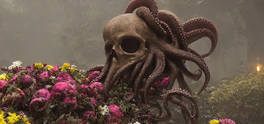 Prompt: an octopus in the shape of a skull surrounded by flowers!! at midnight, fog!, foggy!, cinematic shot, photo still from movie by denis villeneuve, wayne barlowe