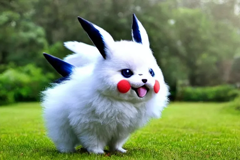 Image similar to real life pokemon, cute!!!, heroic!!!, adorable!!!, playful!!!, chubby!!! fluffly!!!, happy!!!, cheeky!!!, mischievous!!!, ultra realistic!!!, spring time, slight overcast weather, golden hour, sharp focus